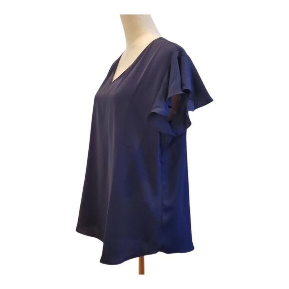 NWT TAOHUADAO SZ L Navy Blue Short Flutter-sleeve V-neck blouse top - Picture 3 of 7